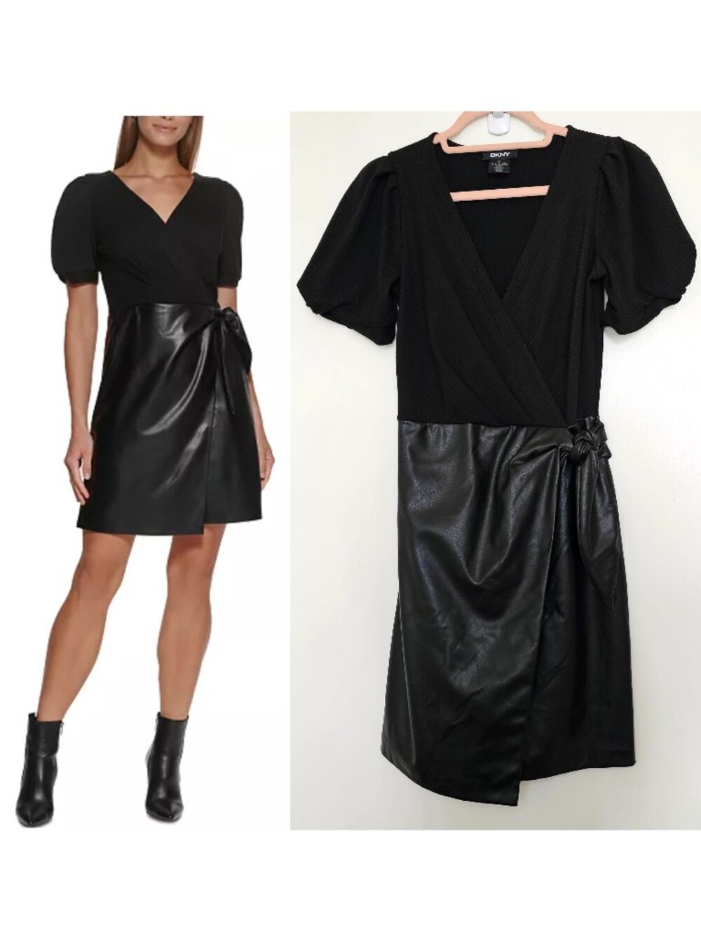 DKNY Faux PU Leather Mock Wrap Short Puff Sleeves Mini Dress US 2